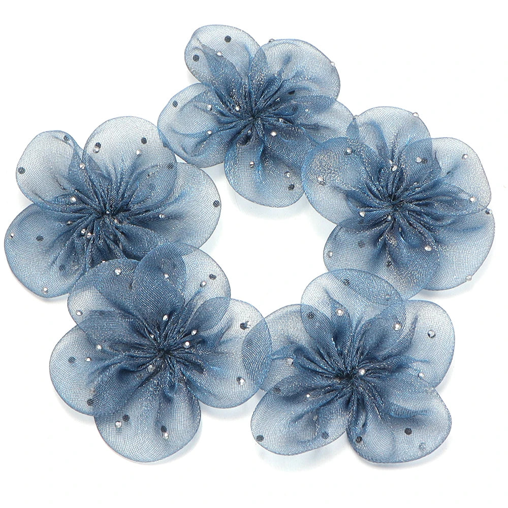 5pcs Organza Flower Appliques 5.5cm – DIY Crafts & Hair Decor Fabric Flower Appliques PLUSH blue 5.5cm