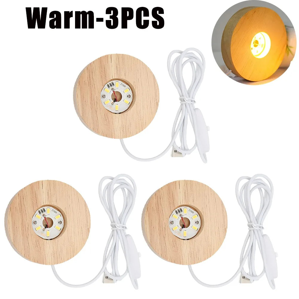 Wooden LED USB Night Light Display Stand – Desk Lamp Base LED Display Lamp Base PLUSH Warm-3PCS 65X12mm