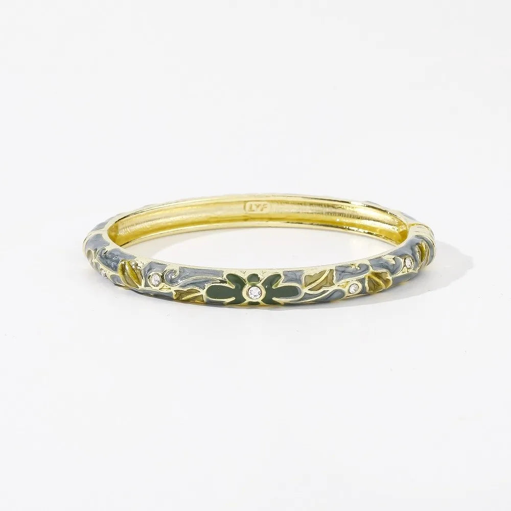 Enamel Cloisonné Bangle – Vintage Chinese Flower Bracelet Enamel Bangle PLUSH Grey