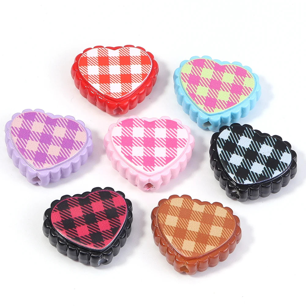 6pcs Chess Grid Heart Acrylic Beads – Colorful DIY Jewelry Acrylic Spacer Beads PLUSH 27X23mm