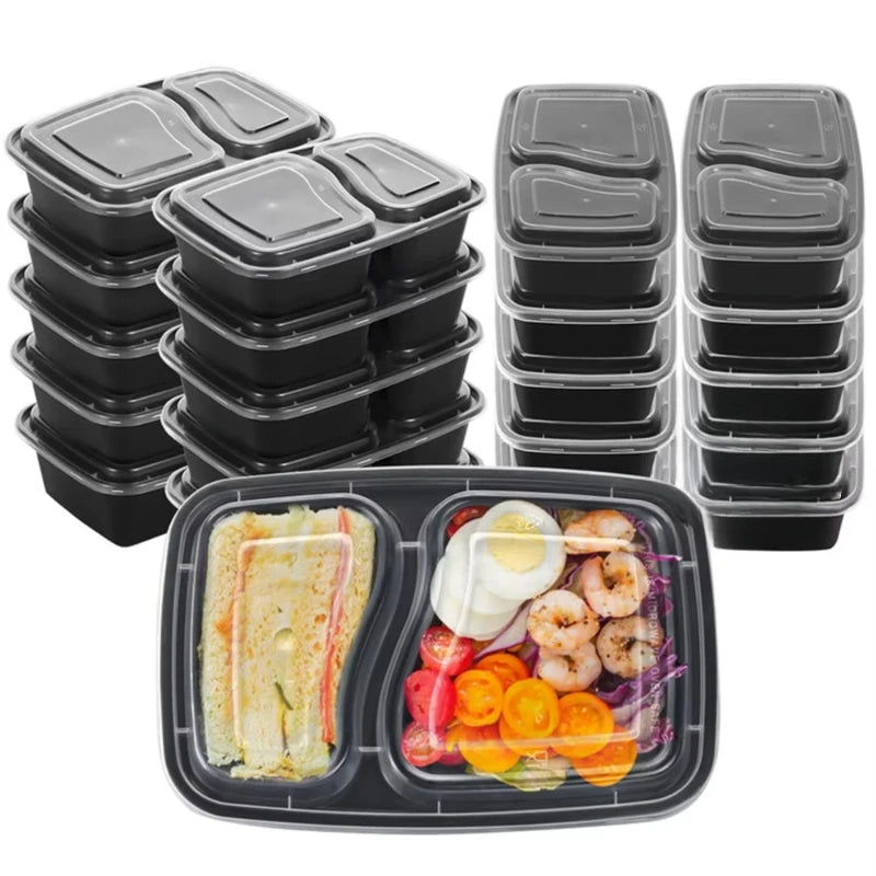 Black Two-Compartment Lunch Boxes – 5 or 10 Pack Food Lunch Box PLUSH