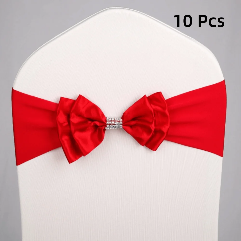 10pcs Satin Bow Chair Sashes – Elastic Spandex, No-Tie Chair Sash Bows PLUSH Red