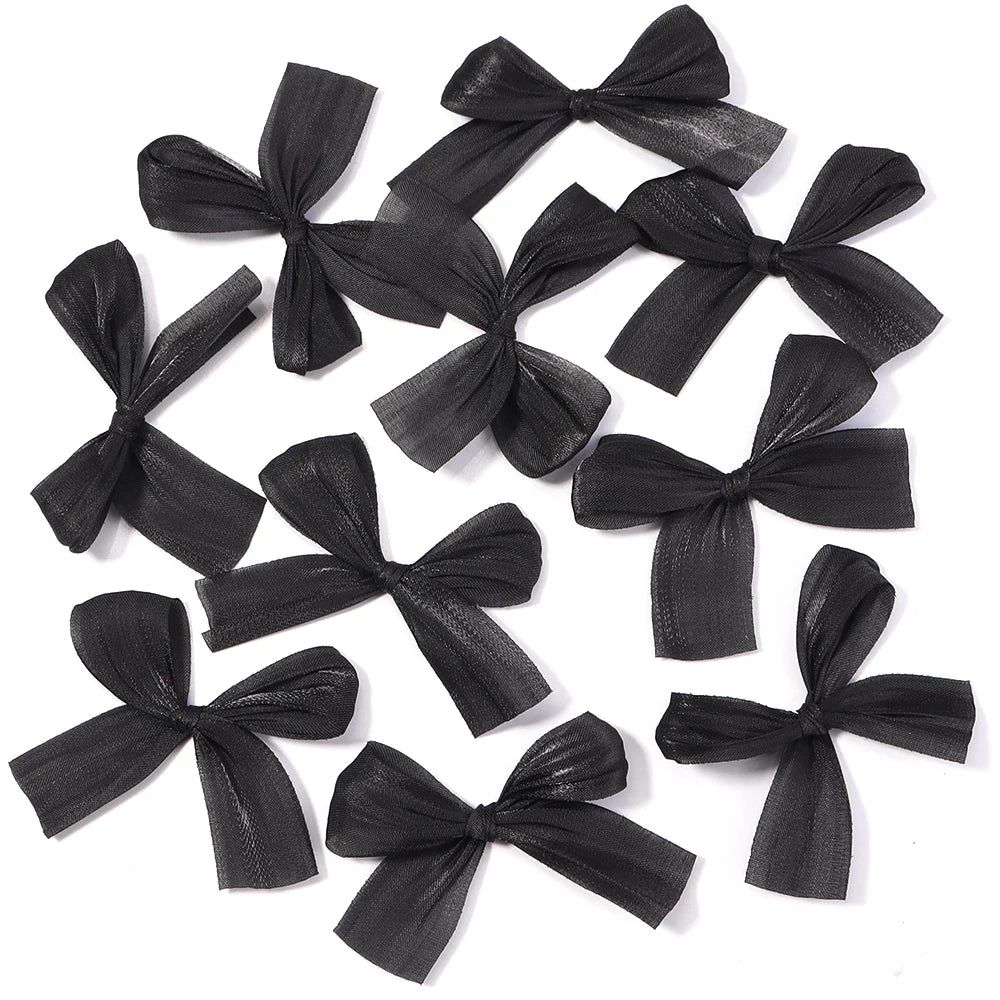 10pcs Pleated Satin Ribbon Bows – DIY Wedding & Hair Decor Ribbon Bow Embellishments PLUSH black