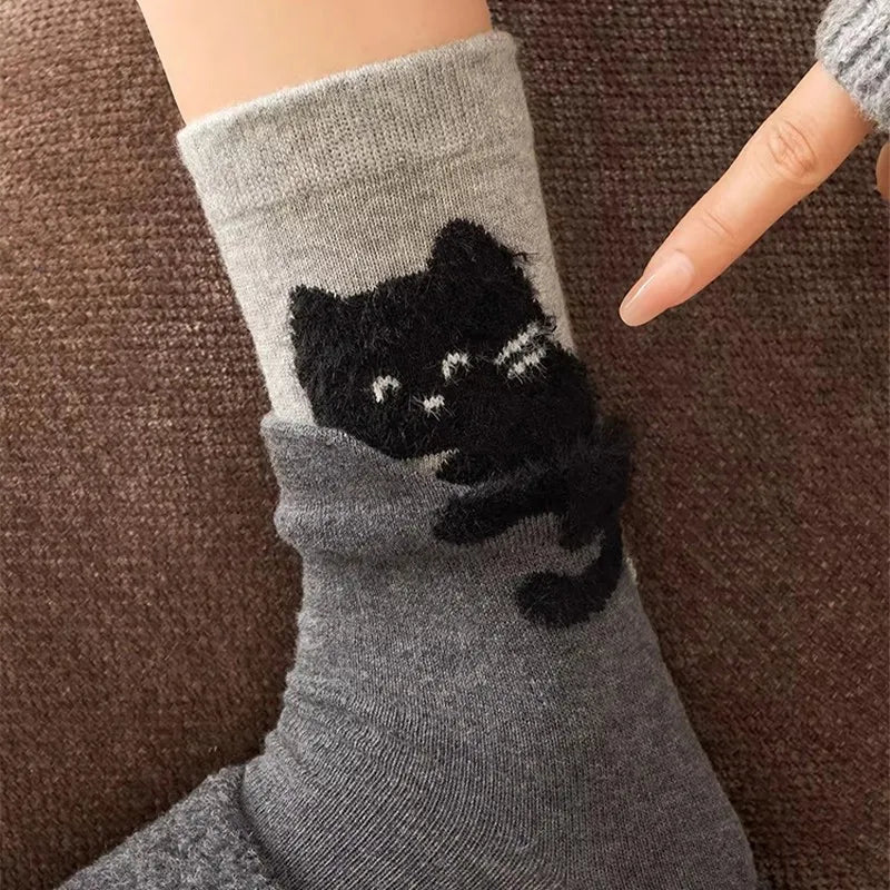 Women's Cute Cat Mid-Calf Stacked Socks – Korean Style Set Mid-Calf Socks PLUSH
