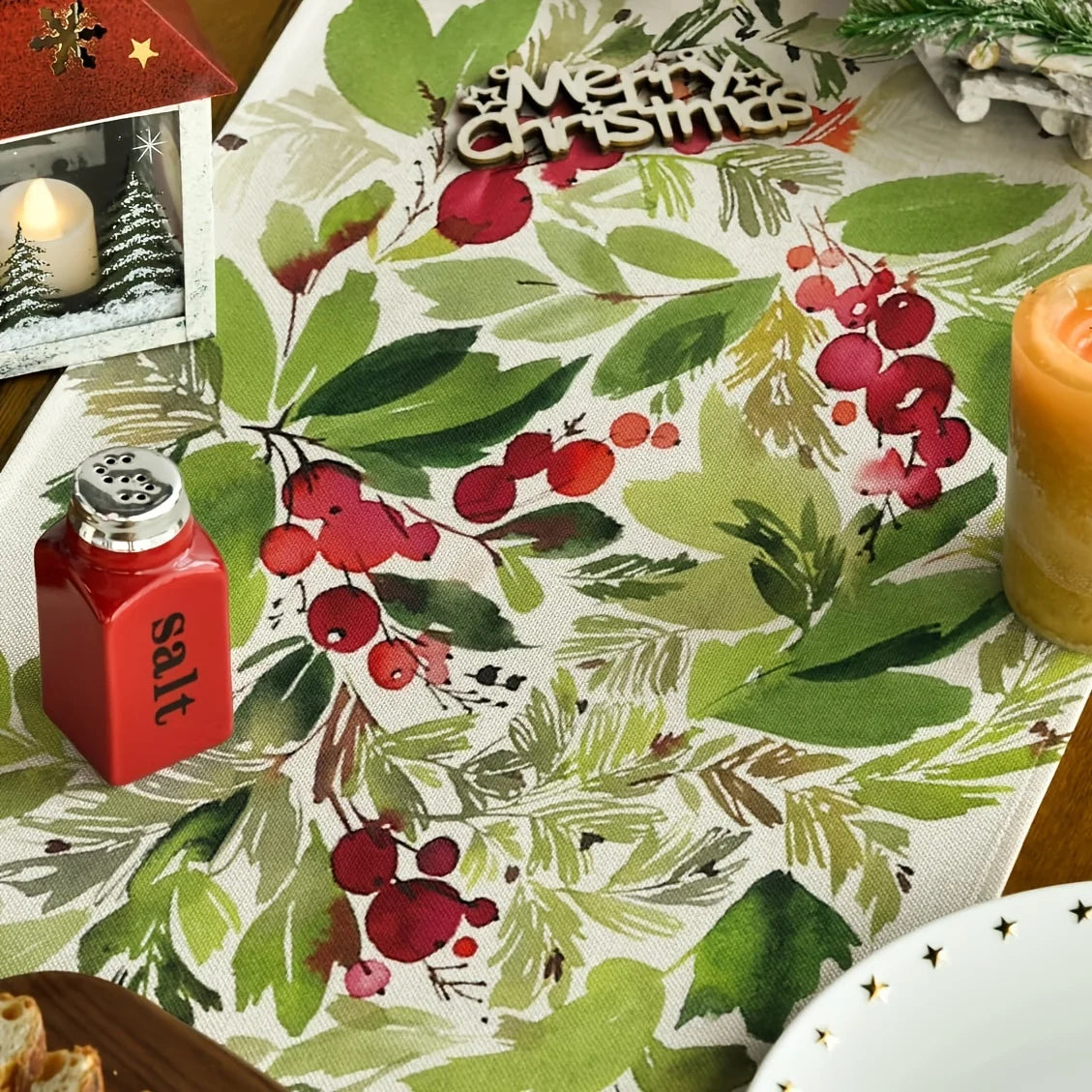 Christmas Table Runner Watercolor Berry Leaf Red Green Print Christmas Table Runner PLUSH