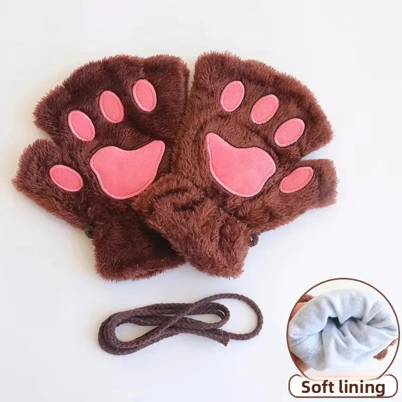 Fluffy Cat Paw Fingerless Gloves – Plush Animal Mittens Fingerless Plush Gloves PLUSH