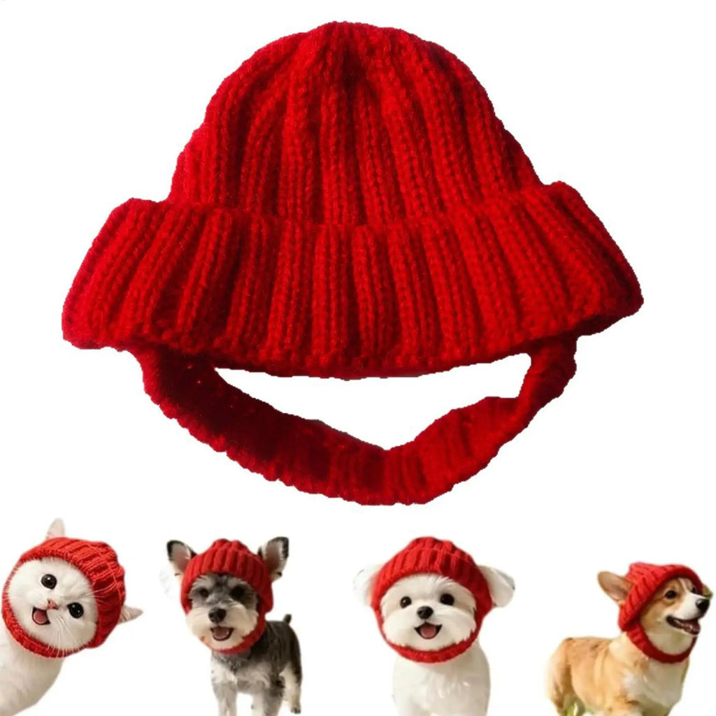 Red Knitted Dog Beanie Hat with Ear Holes | Festive Winter Pet Hat Pet Winter Hat PLUSH