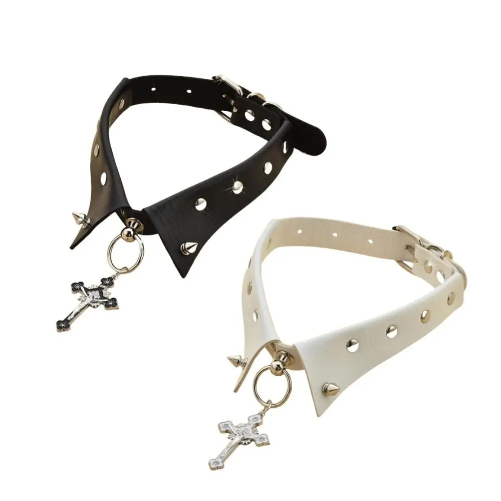 PU Leather Gothic Punk Studded Choker – Cross Pendant Necklace Gothic Choker Necklace PLUSH