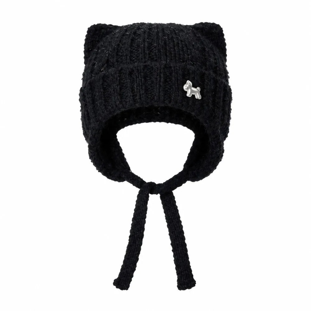 Women's Cat Ears Knit Slouchy Hat – Warm Ear Flap Cap Knit Ear Flap Hat PLUSH Black