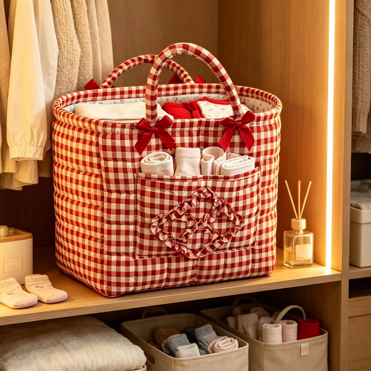 Red Plaid Quilted Fabric Storage Basket | Foldable Laundry Hamper Foldable Storage Basket PLUSH