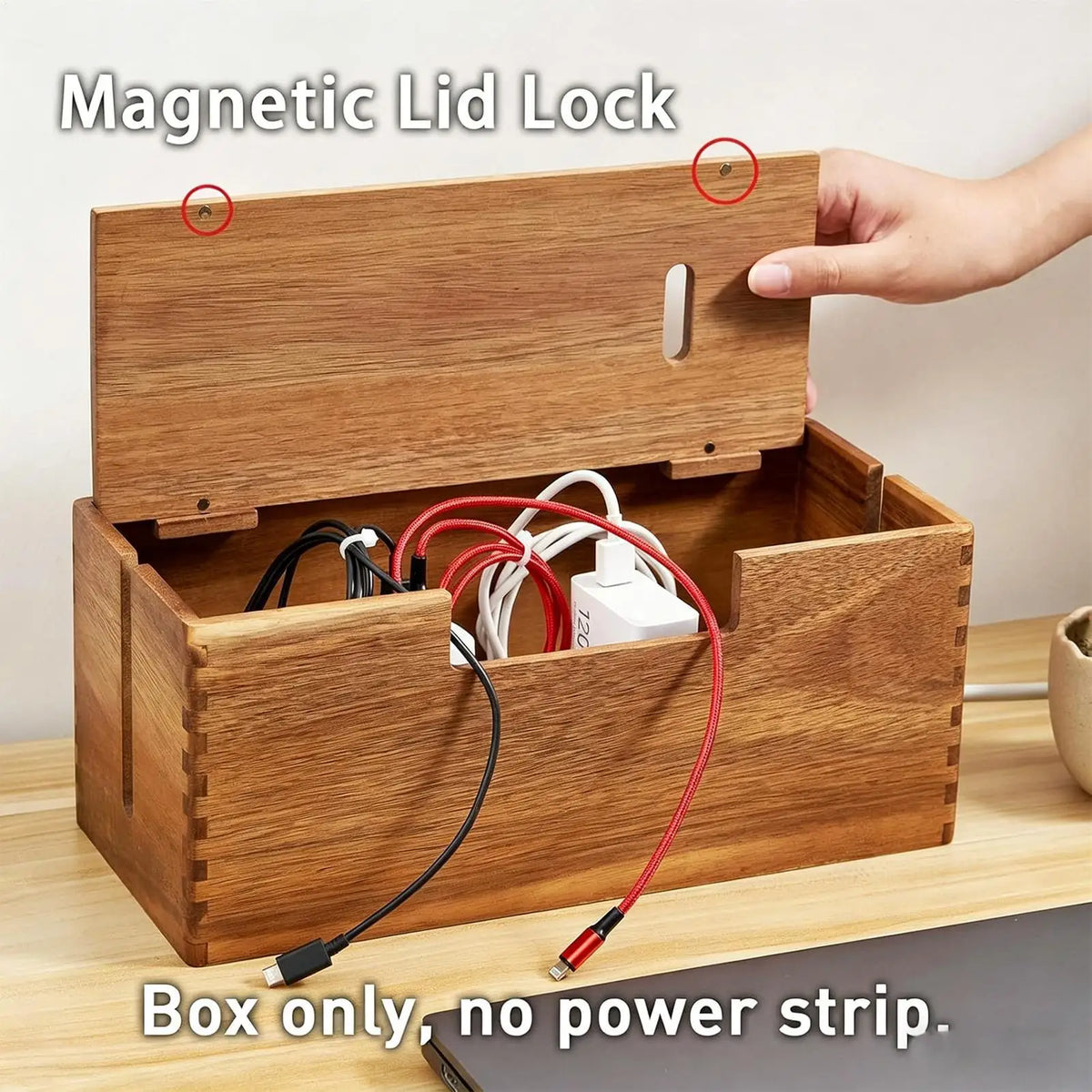 Wooden Cable Storage Box – Desk Cord & Charger Organizer Cable Organizer Box PLUSH
