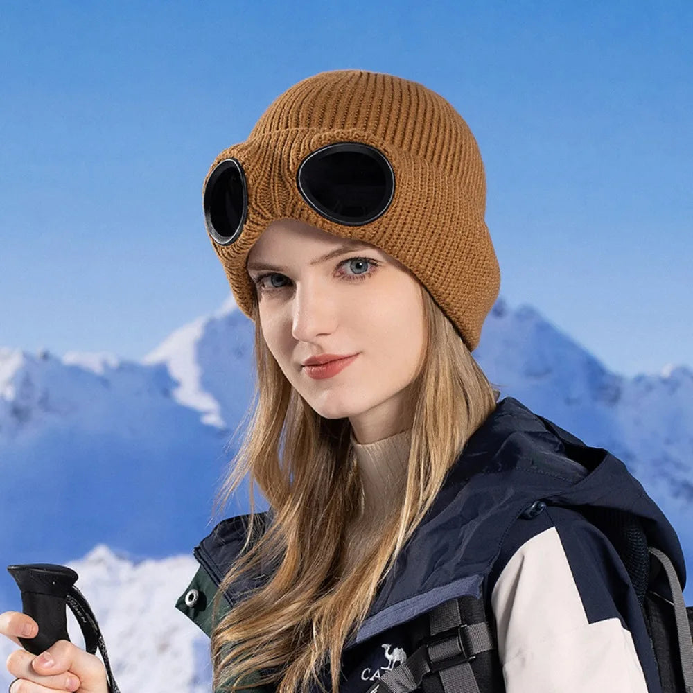 Windproof Knitted Ski Mask Hat with Removable Glasses Ski Mask Hat PLUSH Brown