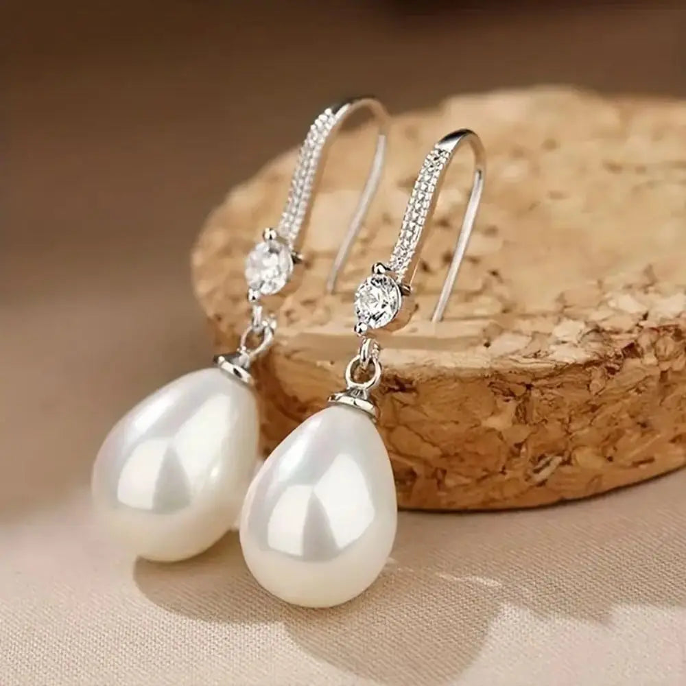 Water Drop Pearl Drop Earrings with Rhinestone Ear Hook Drop Earrings PLUSH