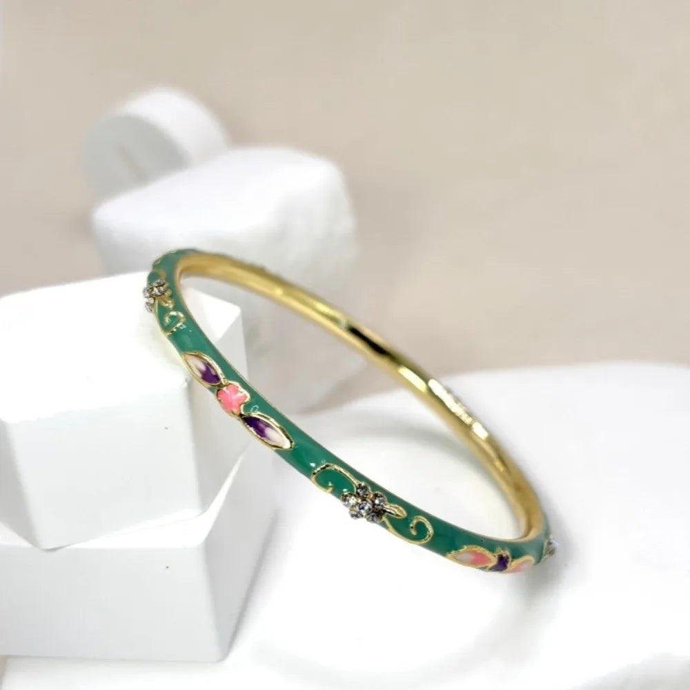 Vintage Cloisonné Enamel Floral Bangle – Women's Bracelet Enamel Bangle Bracelet PLUSH Cyan Green