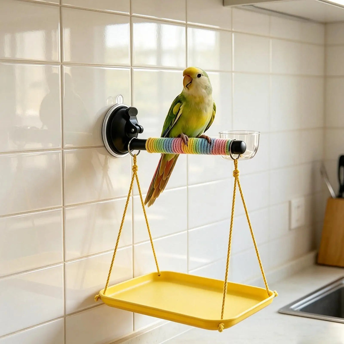 Window Bird Perch Suction Cup & Droppings Tray – Parakeet Bird Perch Stand PLUSH
