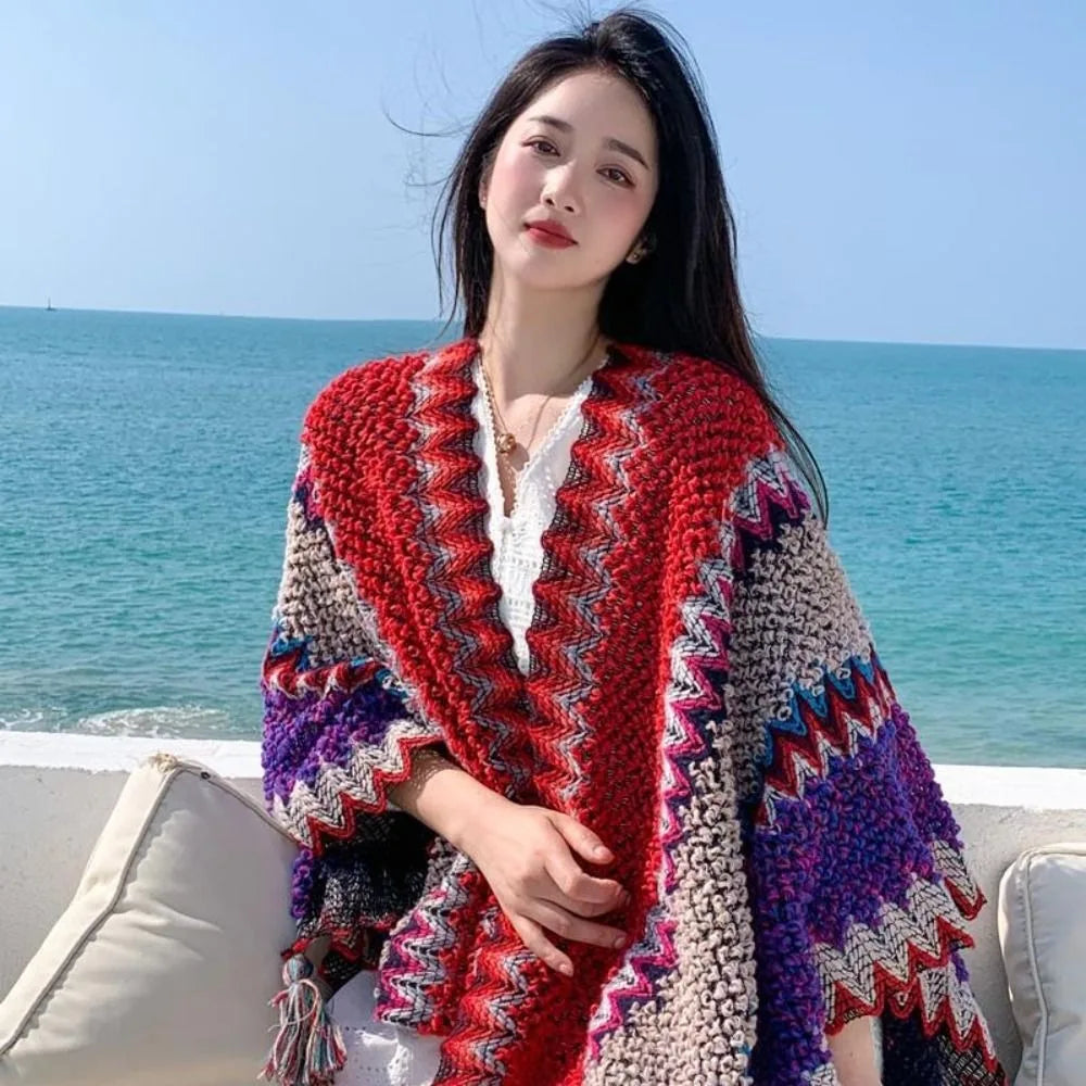 Women's Bohemian Knit Tassel Poncho Shawl – Ethnic Cape Wrap Knit Poncho Cape PLUSH
