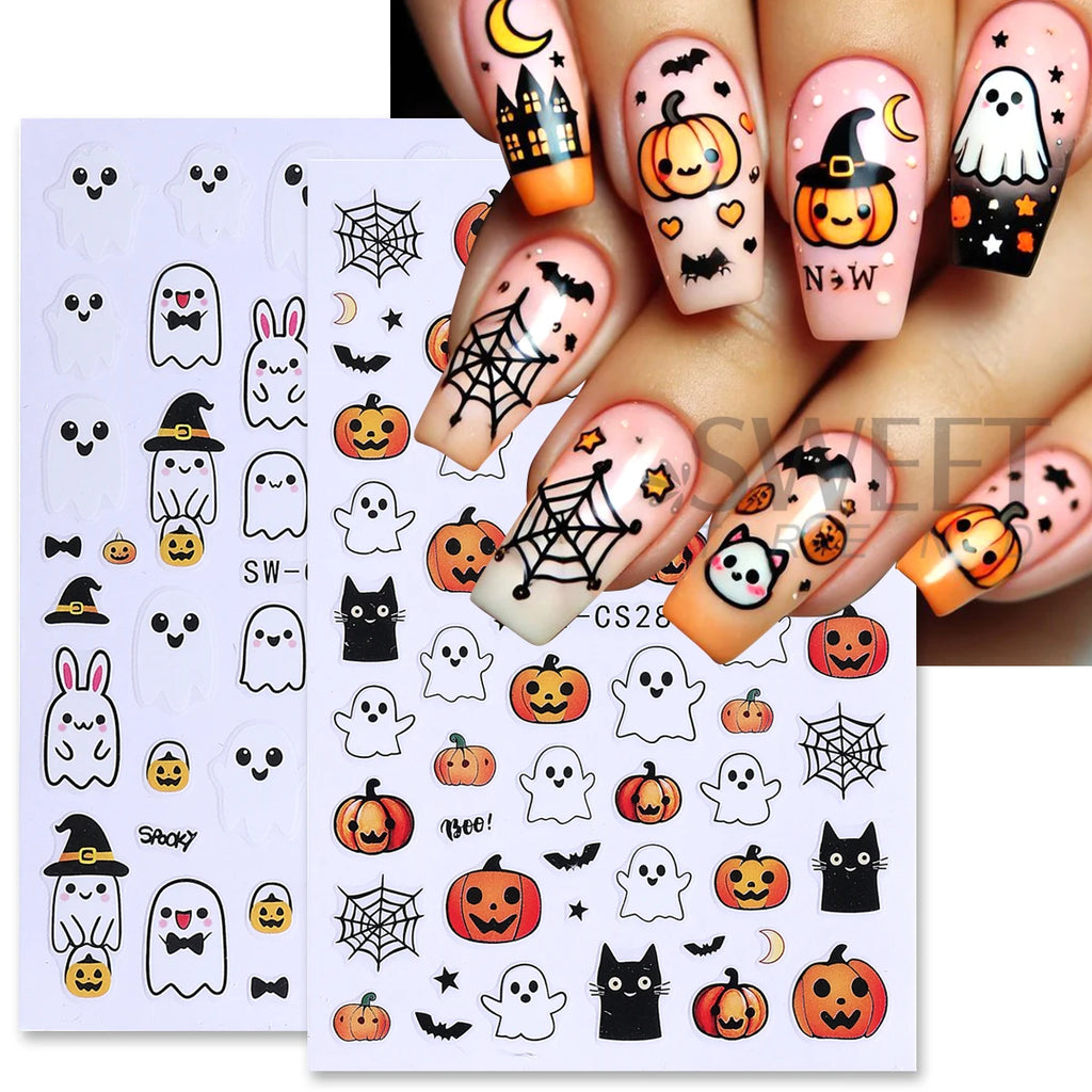 6pcs Halloween Nail Art Stickers – Pumpkin Spider Web Ghost Decals Nail Art Stickers PLUSH
