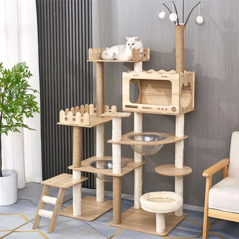 Large Wooden Cat Tree Space Pod Multi-Level Tower & Scratching Cat Tree Tower PLUSH