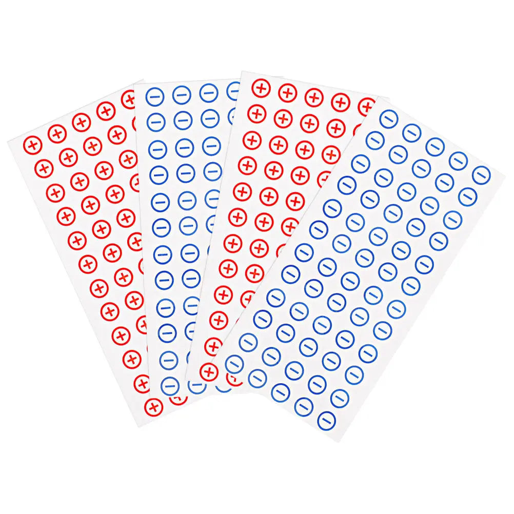 PVC Battery Polarity Stickers 12mm Red Blue – 4 Sheets 240pcs Battery Terminal Labels PLUSH