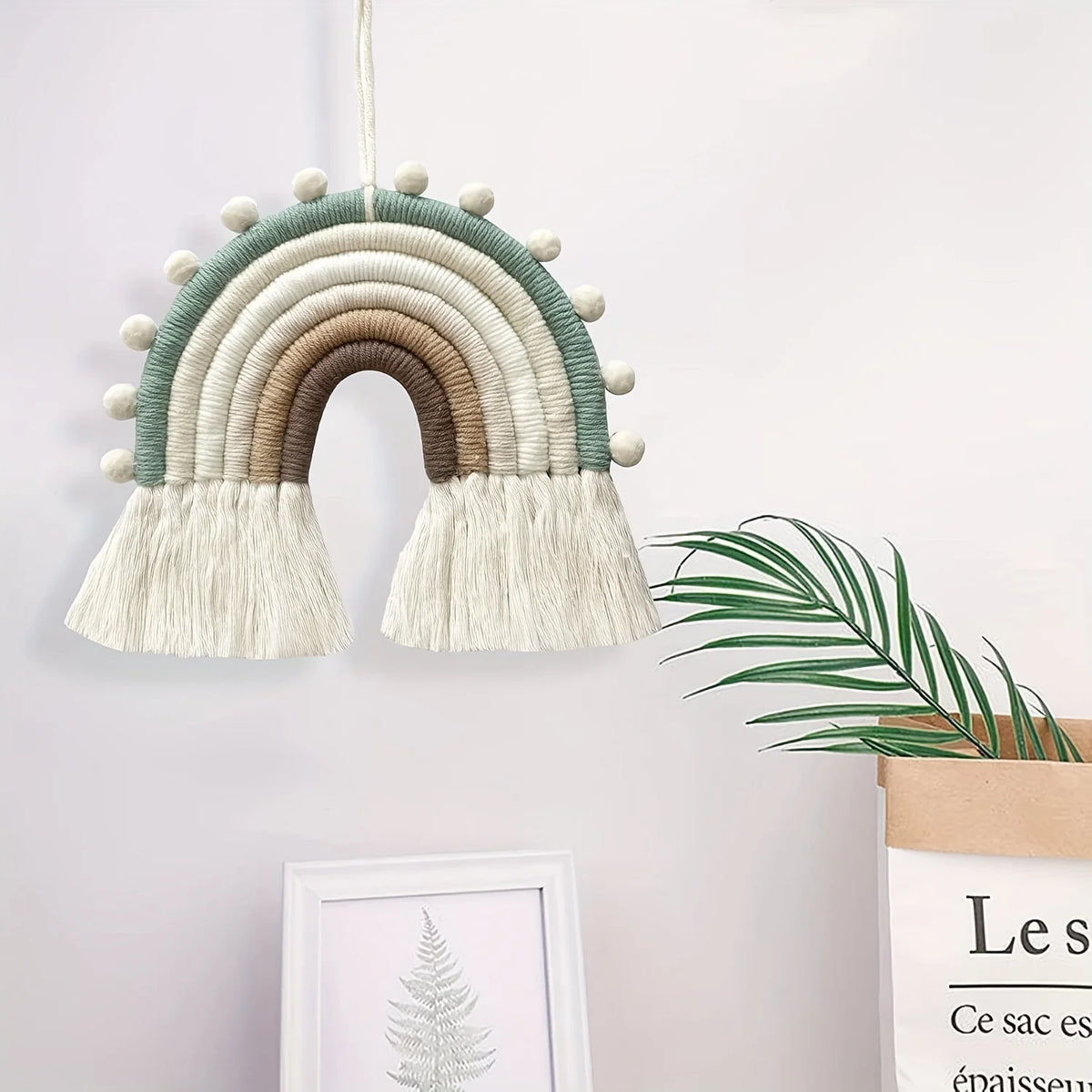 Handwoven Rainbow Macrame Wall Hanging | Boho Pom Pom Decor Macrame Wall Hanging PLUSH