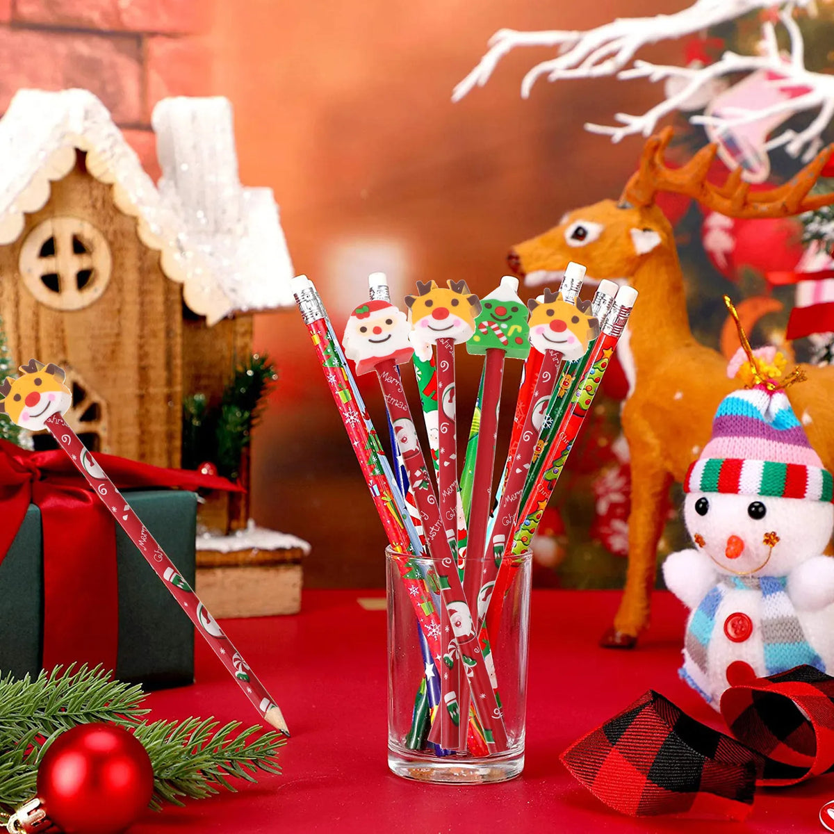6pcs Christmas Cartoon Wooden Pencils with Erasers | Xmas Gift Novelty Pencil Set PLUSH