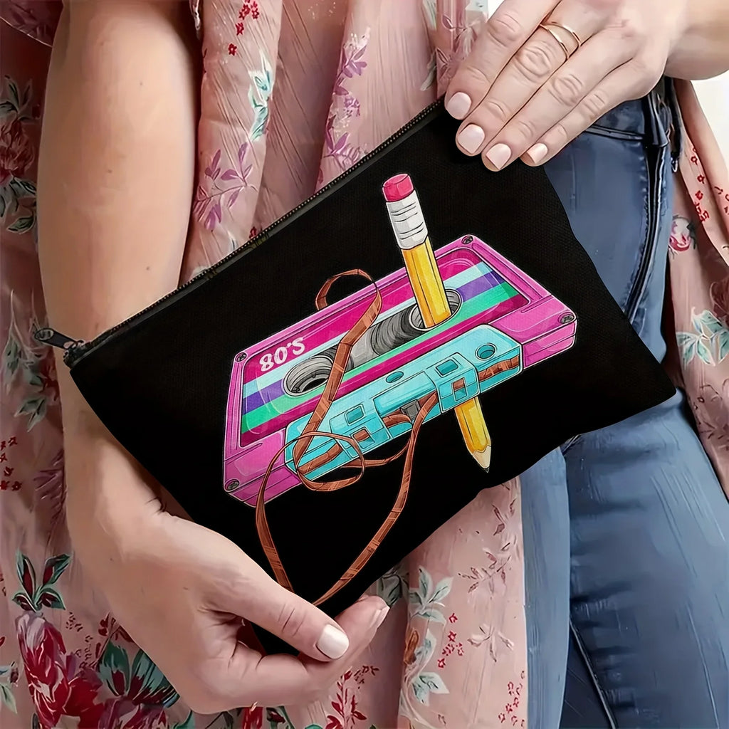 1980s Retro Tape Makeup Bag – Zipper Pouch & Jewelry Organizer Makeup Bag PLUSH