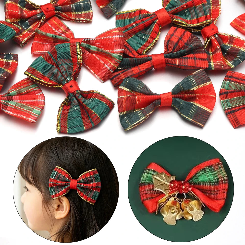 10pcs Gold-Edge Plaid Christmas Bows – Gift & Hair Decor Christmas Craft Bows PLUSH