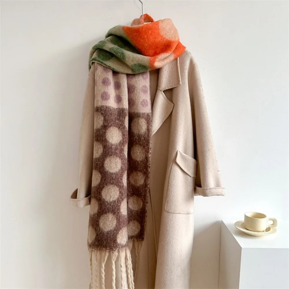 Vintage Polka Dot Faux Cashmere Scarf – Tassel Wrap Shawl Scarf & Wrap Shawl PLUSH Brown