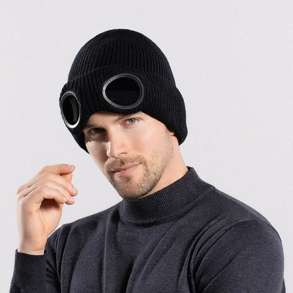 Windproof Knitted Ski Mask Hat with Removable Glasses Ski Mask Hat PLUSH Black