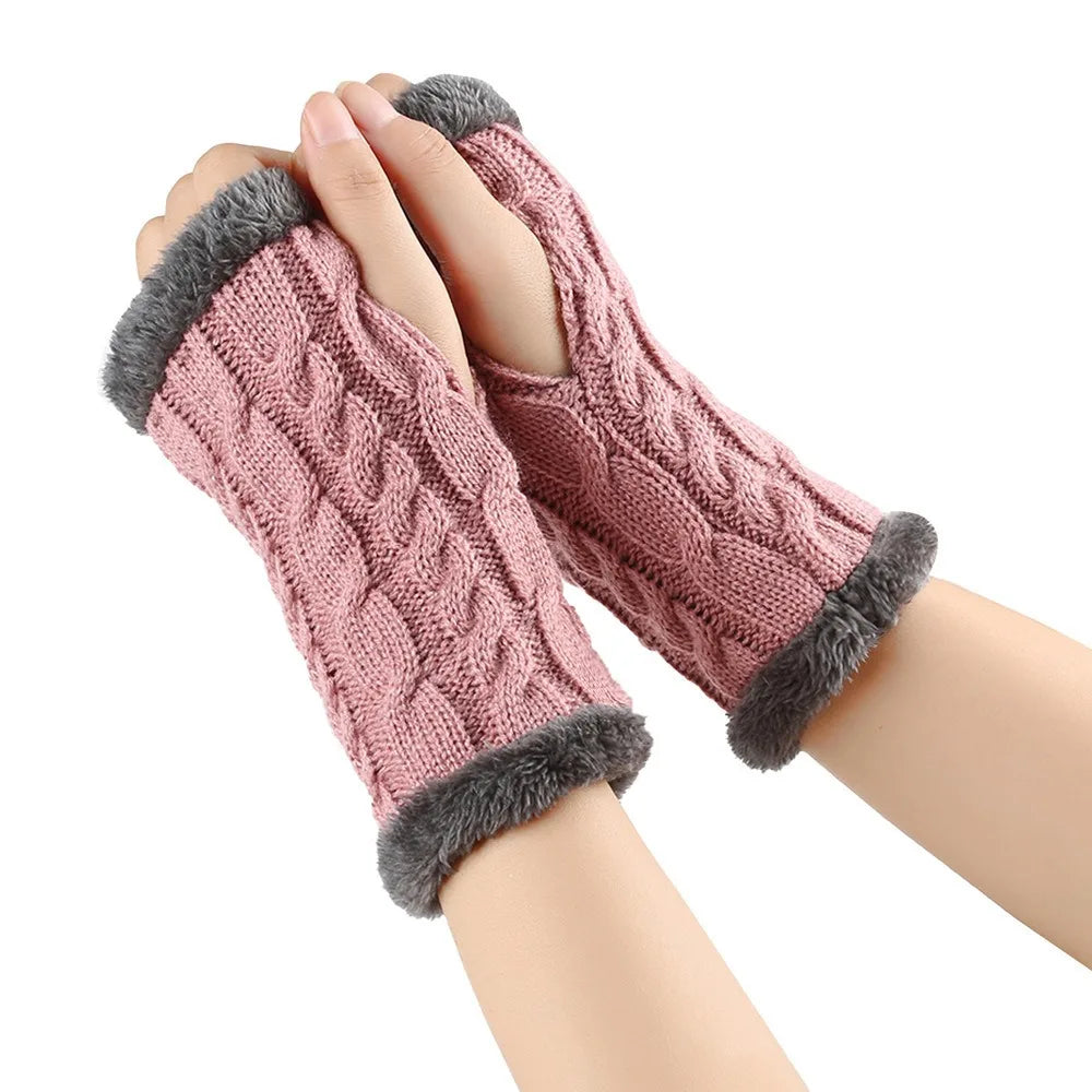 Vintage Knit Fingerless Gloves Faux Fur – Women's Winter Gloves Fingerless Knit Gloves PLUSH Pink