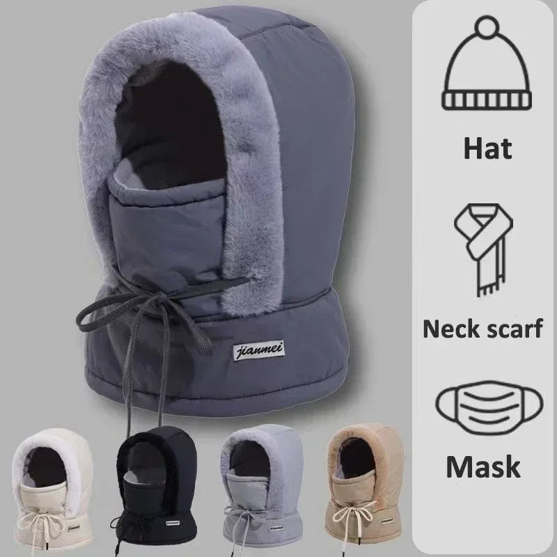 3-in-1 Winter Hooded Hat Face Mask & Scarf – Windproof Warm Winter Hat Set PLUSH