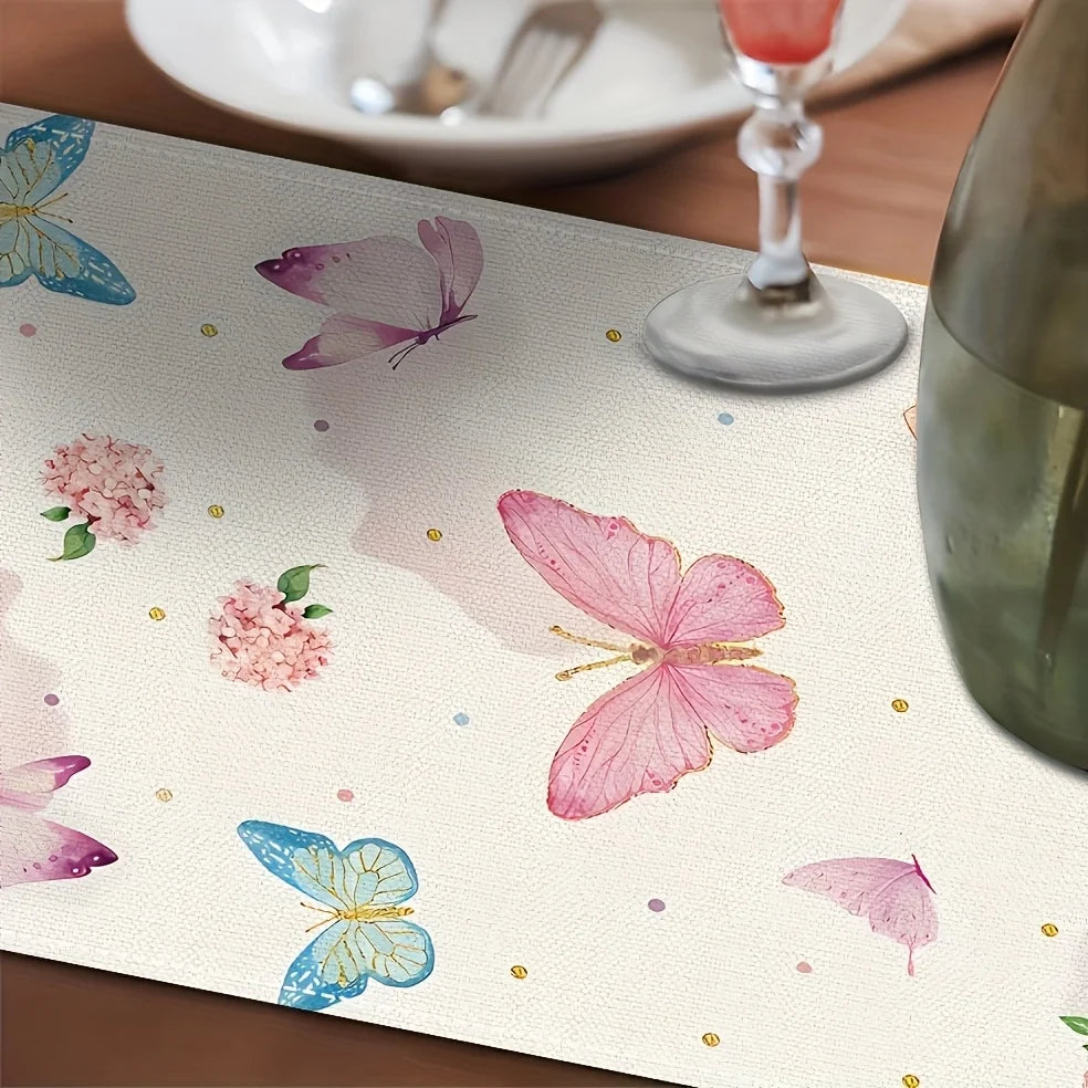 Spring Butterfly Floral Table Runner – Watercolor & Gold Dots Decorative Table Runner PLUSH