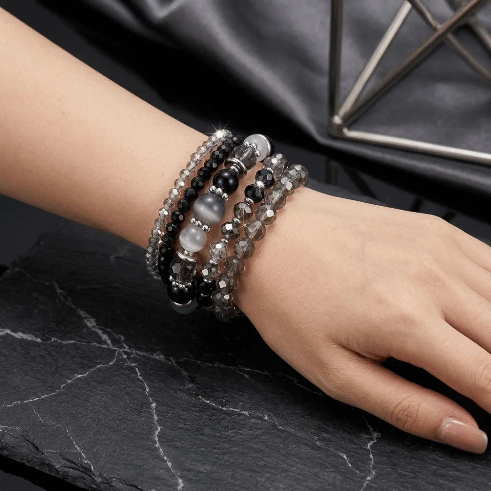 Bohemian Faceted Glass Bead Elastic Layered Bracelet Set 5pcs Beaded Bracelet Set PLUSH