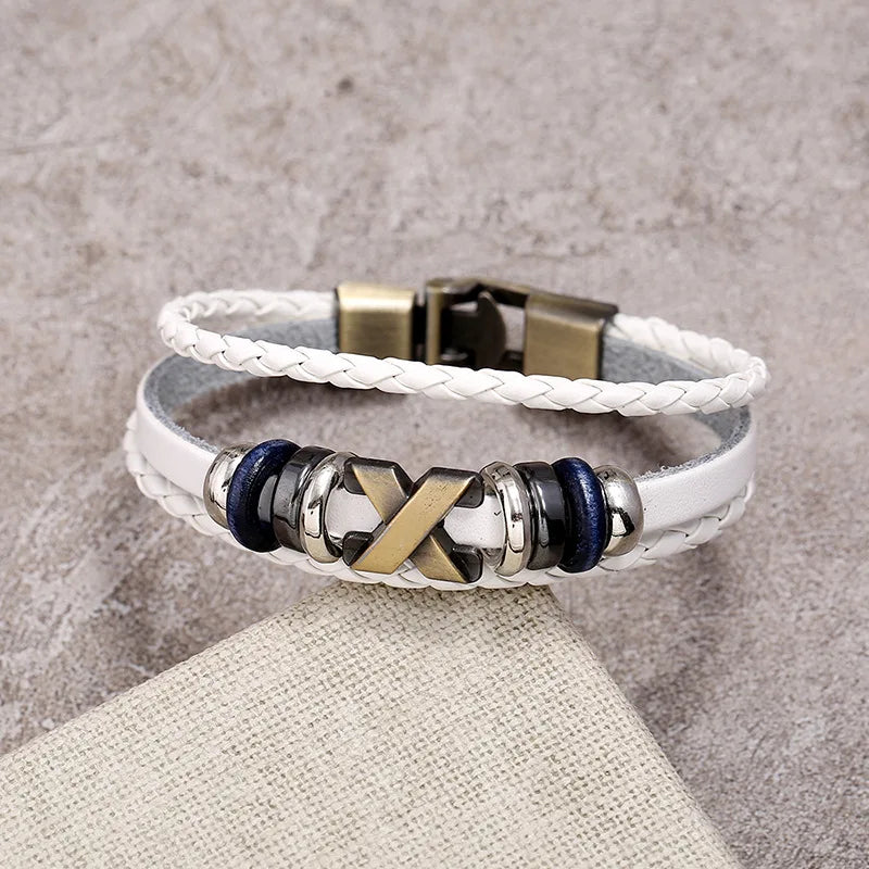 Men's Vintage X Stud Leather Bracelet – Black Brown White Leather Bracelet PLUSH