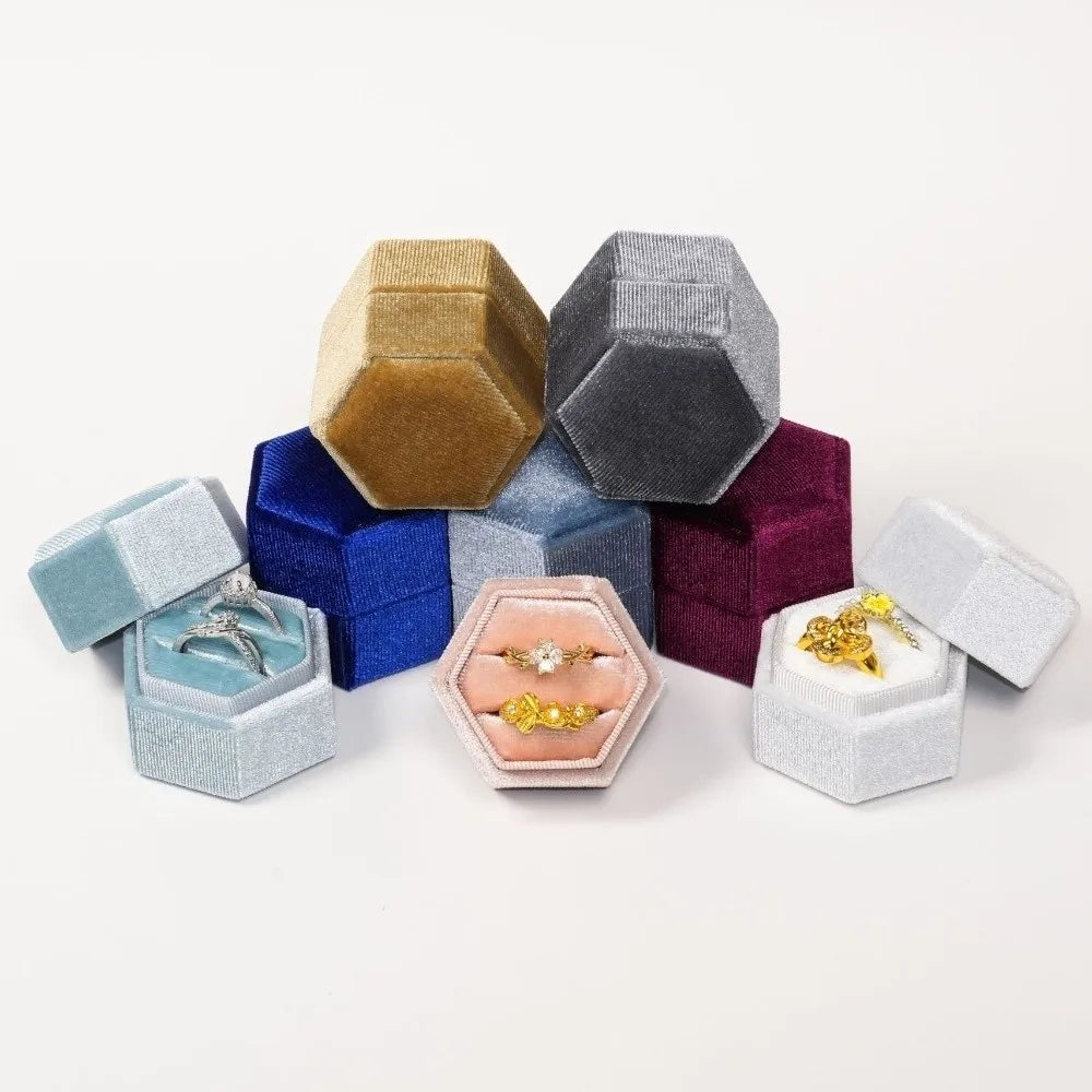 Velvet Hexagon Ring Box – Double Slot Jewelry Display Case Ring Display Box PLUSH