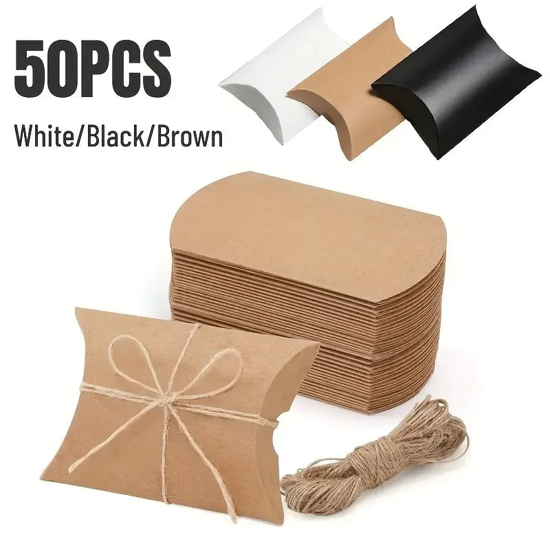 50pcs Kraft Paper Pillow Candy Boxes with Hemp Rope | Party Favors Party Favor Boxes PLUSH