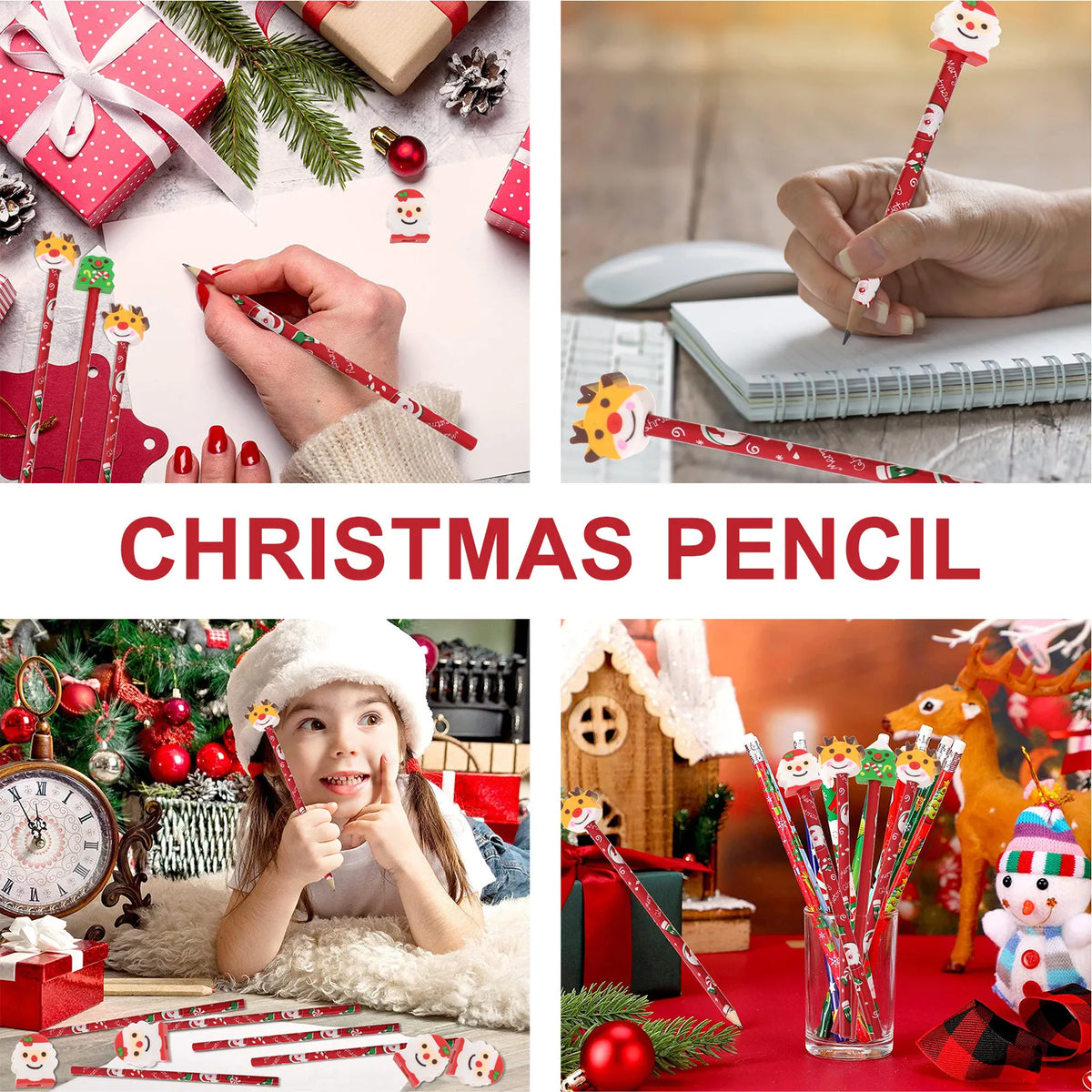 6pcs Christmas Cartoon Wooden Pencils with Eraser – Kids Gift Novelty Pencil Set PLUSH