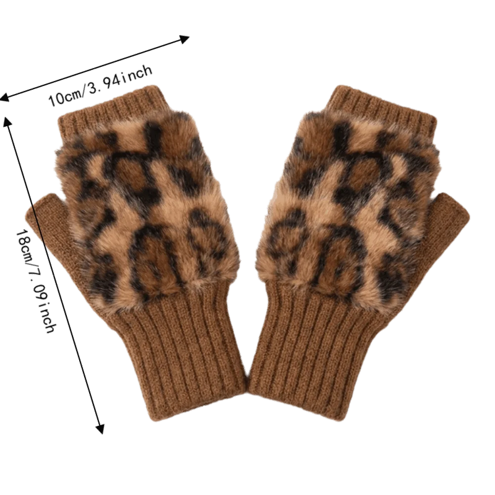 Women's Leopard Fingerless Gloves – Soft Plush Knit Half-Finger Fingerless Knit Gloves PLUSH