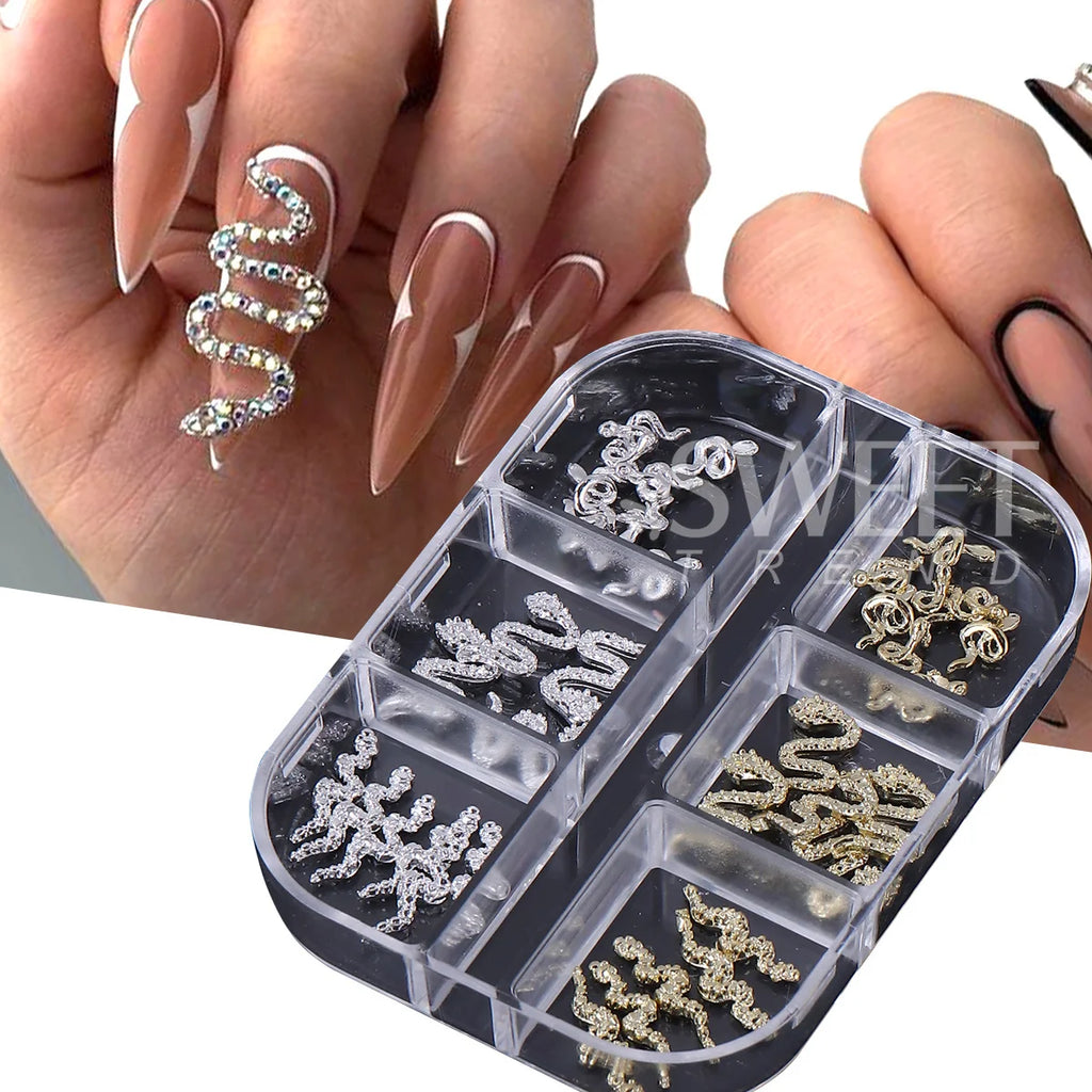 Rhinestone Snake Rivet Nail Charms – Punk Gold & Silver 2 Boxes Nail Art Charms PLUSH