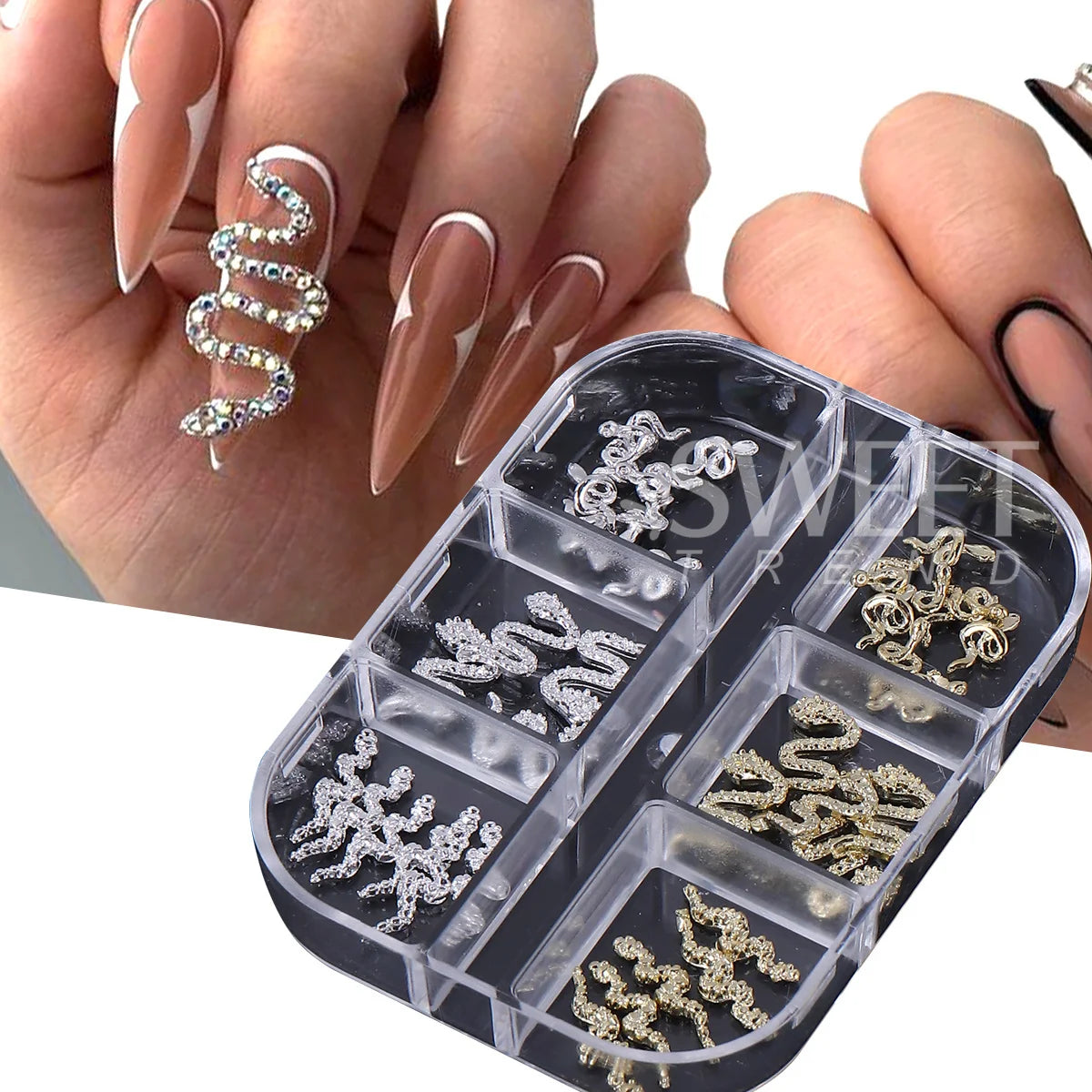 Rhinestone Snake Rivet Nail Charms – Punk Gold & Silver 2 Boxes Nail Art Charms PLUSH
