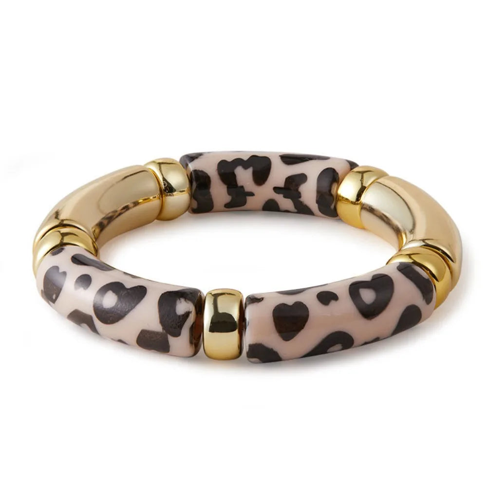 Vintage Acrylic Leopard Beaded Stretch Bracelet – Boho Bangle Beaded Stretch Bracelet PLUSH Beige Leopard