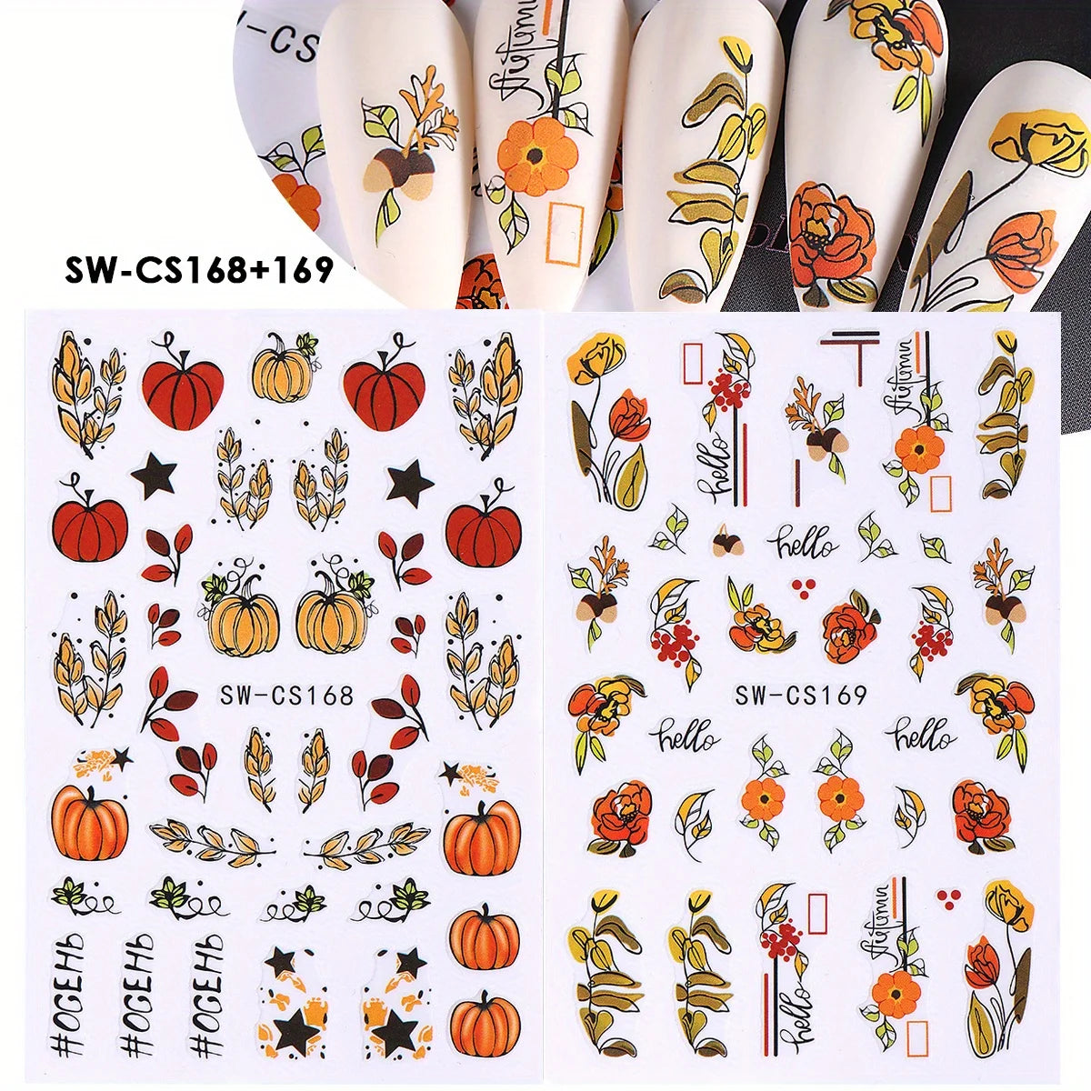 Glitter Autumn Nail Stickers – Pumpkin & Maple Leaves 2 Sheets Nail Art Stickers PLUSH SW-CS168-169
