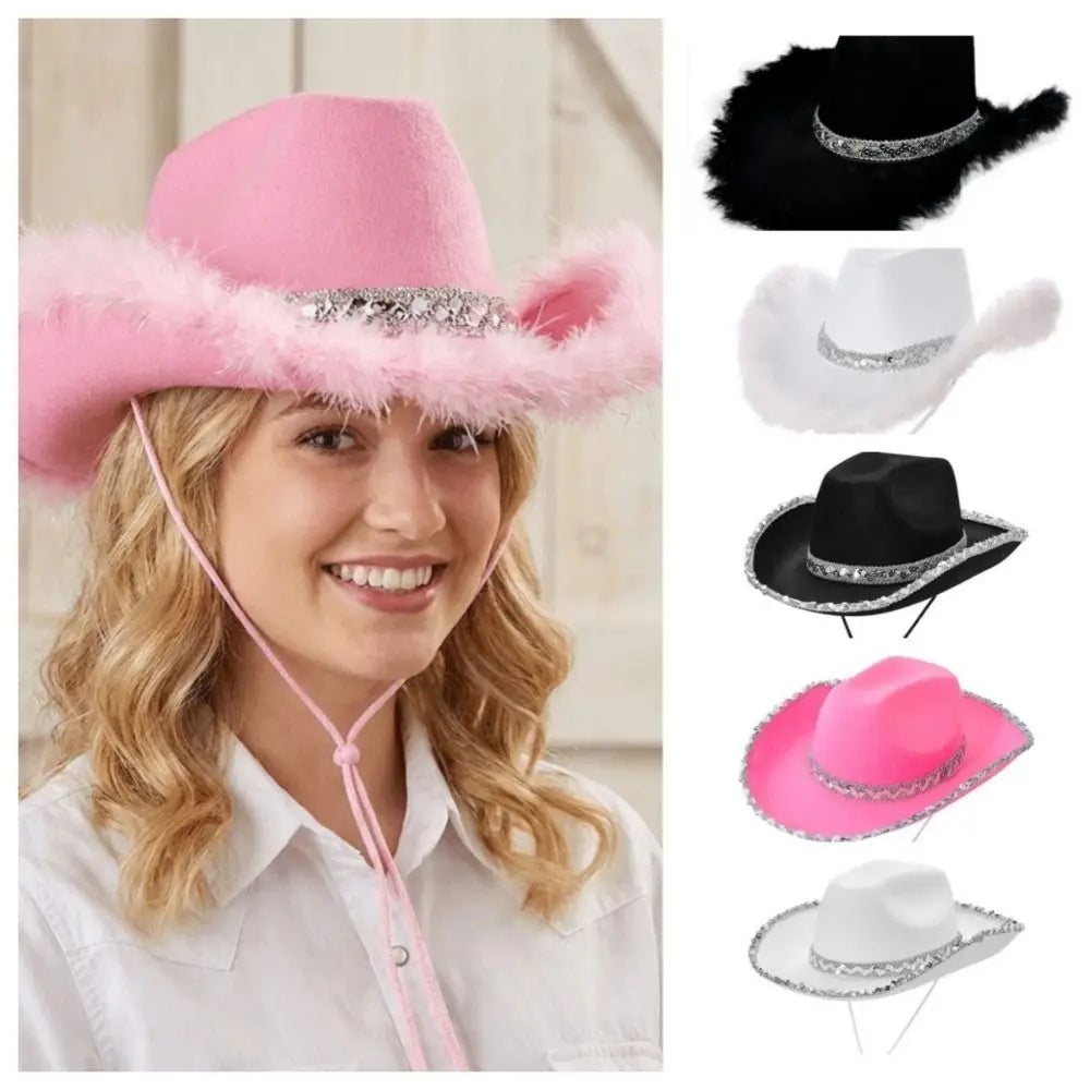 Wide Brim Sequin Cowgirl Hat – Furry Trim Western Style Cowgirl Hat PLUSH