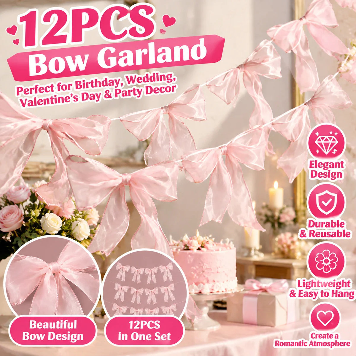 12pcs Bow Tassel Garland – Birthday, Wedding & Party Decor Party Garland Decor PLUSH Mesh-12PCS 10Sets