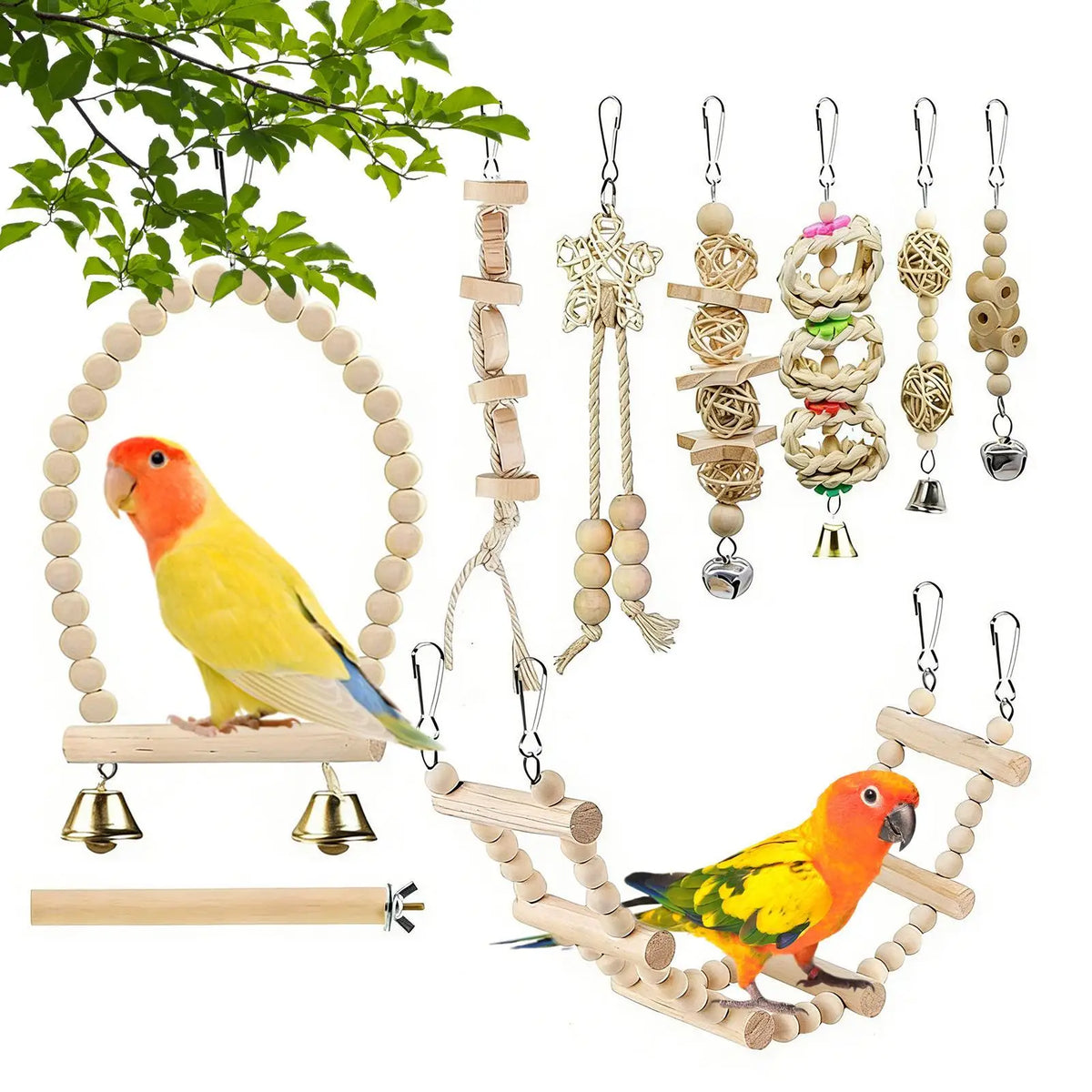 Parrot Bird Toy Set – Swing, Ladder, Perch & Bell 9pcs Bird Toy Set PLUSH