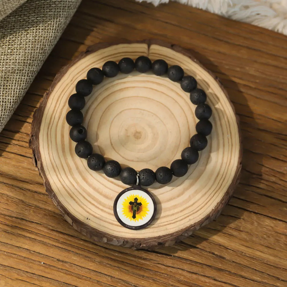 NFC Bible Verse Natural Stone Cross Bracelet – Unisex Christian Beaded Cross Bracelet PLUSH B-volcanic stone length 18cm