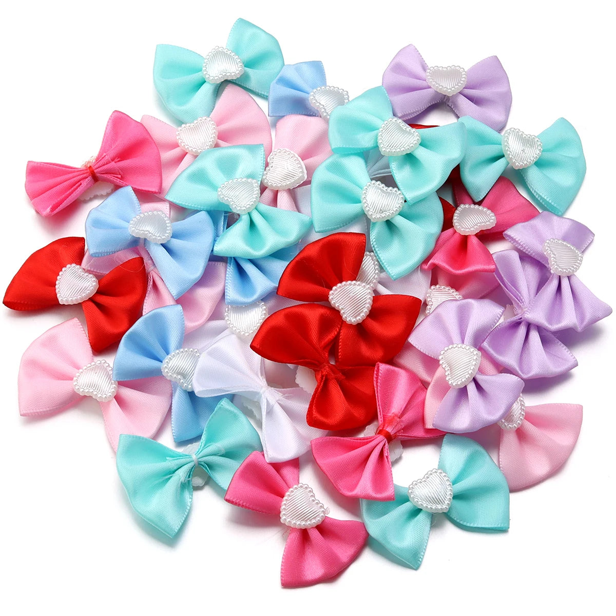 20pcs Satin Ribbon Bows with Pearl Heart – DIY Hair & Gift Decor Bow Appliques PLUSH Random Mixed