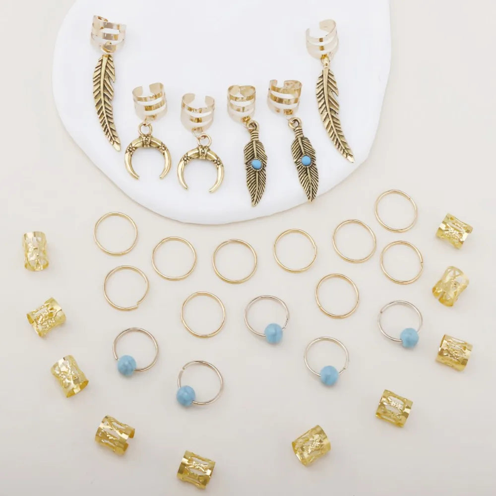31pcs Retro Gold Leaf Moon Blue Metal Hair Braid Beads Set Hair Braid Beads PLUSH