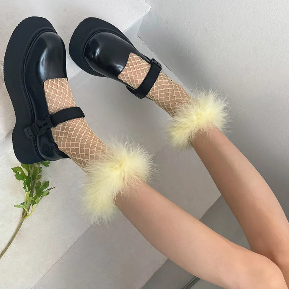 Y2K Feather Fishnet Stockings – Furry Ruffle Mid Tube Socks Fishnet Costume Socks PLUSH Yellow 35-39