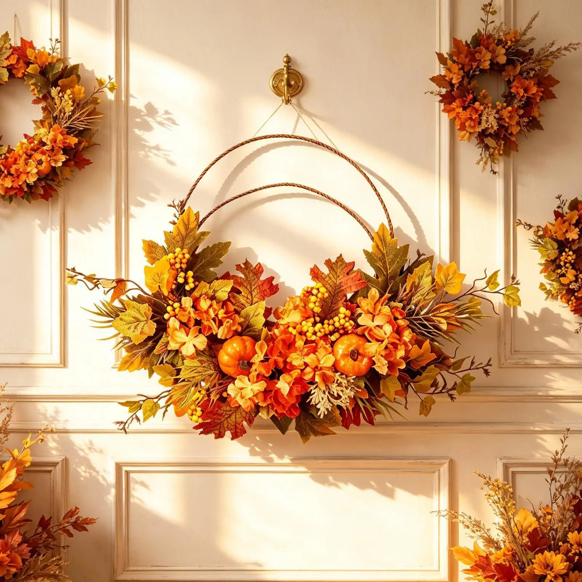 50cm Autumn Harvest Wreath – Maple Leaves & Pumpkin Door Decor Seasonal Door Wreath PLUSH